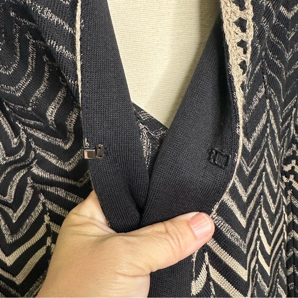Misook Black Braided Trim Chevron Zig Zag Knit Long Cardigan Sweater Size L - Picture 7 of 12